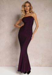 Ciemnofioletowa Połyskująca Sukienka Maxi Bez Ramiączek z Rozkloszowanym Dołem Botalia. Fioletowe sukienki damskie Renee, bez wzorów, eleganckie, bez ramiączek. W wyprzedaży za 135.99 zł.