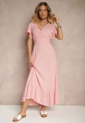Różowa Rozkloszowana Sukienka z Wiskozy z Kopertowym Dekoltem Rellrive. Czerwone sukienki damskie Renee, bez wzorów, z wiskozy, eleganckie, bez ramiączek. W wyprzedaży za 63.99 zł.