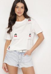 Biały Bawełniany T-shirt Zdobiony Haftem z Motywem w Wiśnie Nevianira. Białe t-shirty damskie Born2be, m, z aplikacjami, z bawełny, bez kołnierzyka. Za 39.99 zł.
