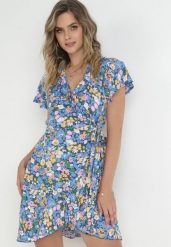 Niebiesko-Granatowa Kopertowa Sukienka Mini z Wiązaniem w Pasie z Wiskozy Huette. Niebieskie sukienki damskie Born2be, bez wzorów, z materiału, bez ramiączek. Za 89.99 zł.