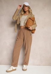Brązowe Bawełniane Spodnie High Waist w Klasycznym Stylu Arivora. Brązowe spodnie materiałowe damskie Renee, bez wzorów, z bawełny. Za 119.99 zł.