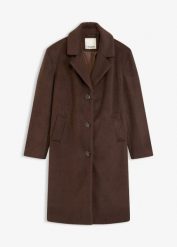 Krótki płaszcz z materiału w optyce wełny. Brązowe płaszcze damskie bonprix, bez wzorów, z wełny, bez kaptura. Za 309.99 zł.