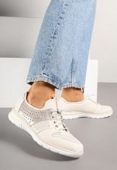 Beżowe Sneakersy Skórzane z Perforacją Odisla. Brązowe obuwie sportowe damskie Born2be, z jeansu, bez zapięcia. Za 189.99 zł.