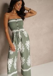 Ciemnobeżowy Kombinezon Bandeau Ozdobiony Ornamentnym Motywem i Guzikami Liravessa. Brązowe sukienki damskie Renee, bez wzorów, eleganckie, bez ramiączek. W wyprzedaży za 69.99 zł.