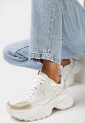 Złote Sneakersy na Grubej Podeszwie z Metalicznymi Wstawkami i Siateczką Aterim. Białe obuwie sportowe damskie Born2be, bez zapięcia. Za 109.99 zł.