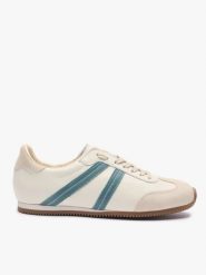 Kremowe półbuty sportowe z turkusowym paskiem. Brązowe obuwie sportowe treningowe Ryłko, bez wzorów, ze skóry, z okrągłym noskiem, bez obcasa, na płaskiej podeszwie, bez zapięcia. Za 449.99 zł.