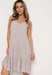 Beżowa Rozkloszowana Sukienka z Bawełny na Ramiączkach Zasea. Brązowe sukienki damskie Born2be, bez wzorów, z bawełny, eleganckie, bez ramiączek. Za 64.99 zł.