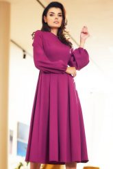 Elegancka Midi Sukienka z Bufiastym Rękawem - Śliwkowa. Czarne sukienki damskie Awama, bez wzorów, z elastanu, eleganckie, bez ramiączek. Za 259.90 zł.