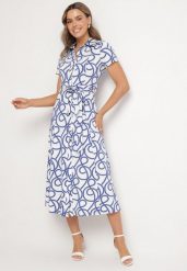 Niebieska Koszulowa Sukienka z Wiskozą w Geometryczny Wzór Sarilissa. Niebieskie sukienki damskie Born2be, bez wzorów, z jeansu, eleganckie, bez ramiączek. Za 199.99 zł.