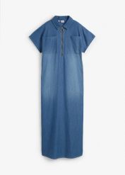 Sukienka dżinsowa maxi. Niebieskie sukienki damskie bonprix, bez wzorów, bez ramiączek. Za 139.99 zł.