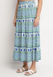 Niebieska Rozkloszowana Spódnica z Wiskozą w Etniczny Wzór Kolamiela. Niebieskie spódnice damskie Born2be, na co dzień, bez wzorów, z bawełny, eleganckie, maxi. Za 54.99 zł.
