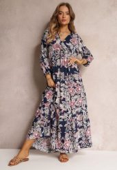 Granatowa Sukienka Oversize w Kwiaty Iophne. Niebieskie sukienki damskie Renee, bez wzorów, bez ramiączek. W wyprzedaży za 79.99 zł.