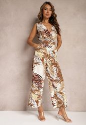Beżowy Kombinezon z Bawełny z Szerokimi Ramiączkami i Długimi Nogawkami Vmeviana. Brązowe sukienki damskie Renee, bez wzorów, z bawełny, eleganckie, bez ramiączek. W wyprzedaży za 99.99 zł.