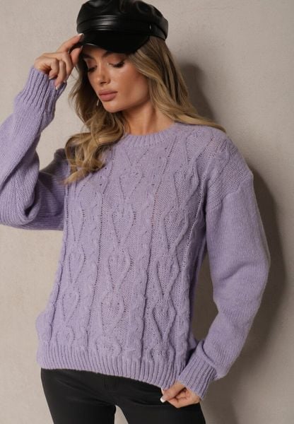 Ciemnofioletowy Sweter z Wełną Ozdobnym Splotem i Ściągaczem Nariae. Fioletowe swetry klasyczne damskie Renee, uniwersalny, z jeansu, bez kołnierzyka. Za 54.99 zł.