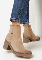 Beżowe Botki na Obcasie z Imitacji Zamszu Nakiah. Brązowe botki damskie Born2be, z jeansu, eleganckie, bez obcasa, na obcasie, bez zapięcia. Za 159.99 zł.