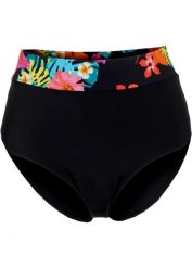 Figi bikini z wysoką talią i typowym wycięciem nogawek. Czarne bikini bonprix, bez wzorów. Za 67.99 zł.