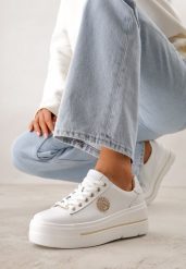 Białe Skórzane Sneakersy na Koturnie Ozdobione Metalicznymi Aplikacjami Acaledice. Białe obuwie sportowe damskie Renee, z jeansu, bez zapięcia. Za 189.99 zł.