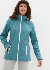 Kurtka softshell, z materiału odpychającego wodę. Niebieskie kurtki damskie bonprix, bez wzorów, z softshellu. Za 279.99 zł.