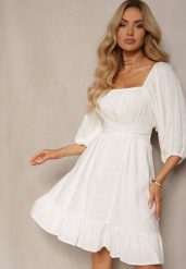Biała Sukienka z Lnem i Wiskozą Wykończona Podszewką Falbanką i Gumką w Talii Alzemia. Białe sukienki damskie Renee, bez wzorów, z wiskozy, eleganckie, bez ramiączek. W wyprzedaży za 143.99 zł.