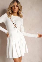 Biała Rozkloszowana Spódnica Zapinana na Zamek Błyskawiczny z Zakładkami Sonarella. Białe spódnice damskie Renee, na co dzień, l, bez wzorów, z bawełny, eleganckie, mini. Za 69.99 zł.
