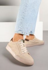 Beżowe Sneakersy z Przeszyciami i Perforacją z Zamszu Tulnelia. Brązowe obuwie sportowe damskie Born2be, z jeansu, bez zapięcia. Za 169.99 zł.