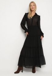 Czarna Rozkloszowana Sukienka VICES Koszulowa w Stylu Retro Aravite. Czarne sukienki damskie Born2be, bez wzorów, eleganckie, bez ramiączek. Za 149.99 zł.
