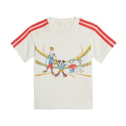 Koszulka adidas x Disney Mickey Mouse. Białe koszulki damskie Adidas, bez wzorów, z bawełny, bez kołnierzyka, bez ramiączek. W wyprzedaży za 84.55 zł.
