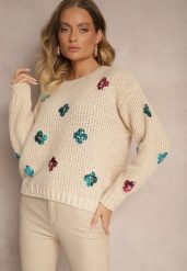 Beżowy Sweter z Wiskozą Zdobiony Cekinowymi Aplikacjami z Kwiatami Edalora. Brązowe swetry klasyczne damskie Renee, l, z jeansu, bez kołnierzyka. Za 84.99 zł.