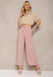 Jasnoróżowe Spodnie z Szerokimi Nogawkami w Stylu Palazzo High Waist z Gumką w Pasie z Ozdobnym Elementem Ellsiana. Czerwone spodnie materiałowe damskie Renee, bez wzorów, z bawełny. Za 49.99 zł.