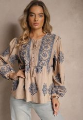 Brązowa Wiskozowa Bluzka w Stylu Boho z Falbanką Zdobiona Haftem i Wiązaniem Aerraza. Brązowe bluzki damskie Renee, m, z aplikacjami, z jeansu, boho, bez kołnierzyka, bez ramiączek. Za 89.99 zł.