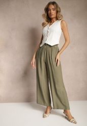 Zielone Spodnie o Szerokim Kroju High Waist z Wiązaniem Fenalin. Zielone spodnie materiałowe damskie Renee, bez wzorów, z jeansu. Za 44.99 zł.