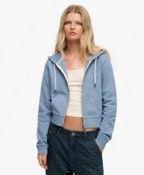 Superdry Krótka bluza z kapturem Essential Logo, 100% bawełna. Niebieskie bluzy damskie Superdry, bez wzorów, z bawełny, z kapturem. Za 322.70 zł.