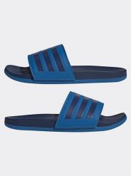 Adidas Klapki w kolorze niebiesko-granatowym rozmiar: 40,5. Niebieskie klapki damskie Adidas, bez wzorów, z otwartym noskiem, bez obcasa, bez zapięcia. Za 136.45 zł.