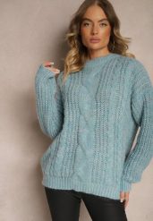 Jasnoniebieski Sweter z Wełną Ozdobiony Tłoczeniem Ecrisevia. Niebieskie swetry klasyczne damskie Renee, z jeansu, bez kołnierzyka. Za 69.99 zł.