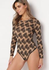 Beżowe Siateczkowe Body Ozdobione Geometrycznym Wzorem Kieria. Brązowe body i gorsety Born2be, bez wzorów, z materiału. Za 29.99 zł.