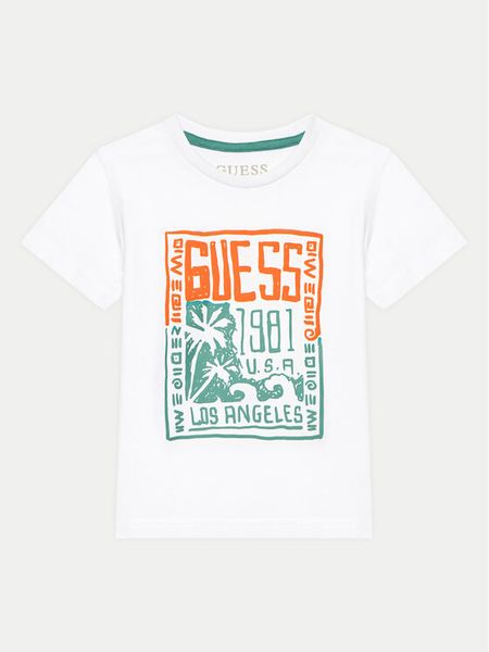 Guess T-Shirt N5GI16 K8HM4 Biały Regular Fit. Białe t-shirty i koszulki chłopięce Guess, z aplikacjami, z bawełny, bez kołnierzyka, bez ramiączek. Za 49.99 zł.