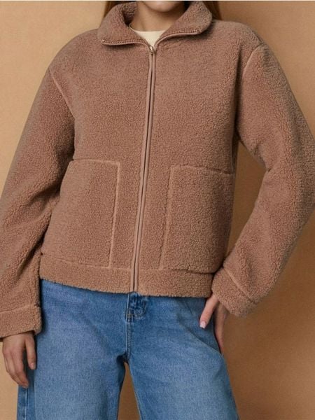 Bluza sherpa - brązowy. Brązowe bluzy damskie Sinsay, l, bez wzorów, bez kaptura. Za 59.99 zł.