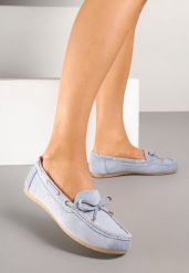 Niebieskie Mokasyny z Ekozamszu Zdobione Wiązaniem z Kokardą Sonilora. Niebieskie mokasyny damskie Renee, z jeansu, bez obcasa. Za 59.99 zł.