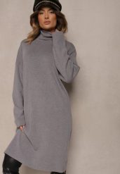 Szara Sukienka Sweterkowa Golf z Bawełną i Wełną Ilanithe. Szare sukienki damskie Renee, bez wzorów, z bawełny, eleganckie, bez ramiączek. W wyprzedaży za 63.99 zł.