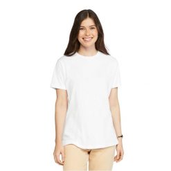 Damska Koszulka Softstyle Plain CVC T-shirt. Białe bluzki damskie GILDAN, bez wzorów, sportowe, bez kołnierzyka, bez ramiączek. Za 42.99 zł.