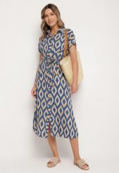 Niebieska Wiskozowa Sukienka Koszulowa z Geometrycznym Wzorem Rallapea. Niebieskie sukienki damskie Born2be, bez wzorów, z wiskozy, eleganckie, bez ramiączek. Za 79.99 zł.