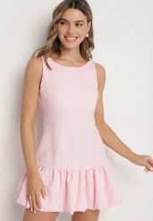 Różowy Taliowany Kombinezon z Falbanką Novenira. Czerwone sukienki damskie Born2be, bez wzorów, eleganckie, bez ramiączek. Za 129.99 zł.