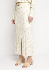 Jasnobeżowa Spódnica Midi w Kropki z Paskiem w Komplecie Mivema. Brązowe spódnice damskie Born2be, l, bez wzorów, z materiału, eleganckie, midi. Za 84.99 zł.