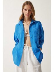 Happiness Istanbul Bluzka w kolorze niebieskim rozmiar: 40. Niebieskie bluzki damskie Happiness Istanbul, bez wzorów, bez kołnierzyka, bez ramiączek. Za 65.23 zł.