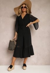 Czarny Kombinezon z Szerokimi Nogawkami Typu Dzwony z Koronką Fielara. Czarne sukienki damskie Renee, bez wzorów, z koronki, eleganckie, bez ramiączek. W wyprzedaży za 43.99 zł.