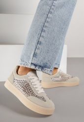 Beżowe Sneakersy na Platformie z Cyrkoniami Moonblaze. Brązowe obuwie sportowe damskie Renee, z jeansu, bez zapięcia. Za 109.99 zł.