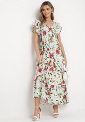 Jasnozielona Rozkloszowana Sukienka Maxi z Wiskozy w Kwiatowy Print Unadis. Zielone sukienki damskie Born2be, bez wzorów, z wiskozy, bez ramiączek. Za 119.99 zł.