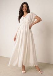 Beżowa Rozkloszowana Sukienka Koktajlowa w Eterycznym Stylu Megania. Brązowe sukienki damskie Born2be, bez wzorów, z elastanu, eleganckie, bez ramiączek. Za 199.99 zł.