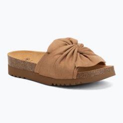 Klapki damskie Scholl Princess Med. Brązowe klapki damskie Scholl, bez wzorów, z materiału, bez obcasa, bez zapięcia. Za 289.99 zł.