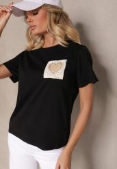 Czarna Bawełniana Bluzka Ozdobiona Sercem z Cyrkonii Marionella. Czarne bluzki damskie Renee, m, bez wzorów, z bawełny, eleganckie, bez kołnierzyka, bez ramiączek. Za 39.99 zł.